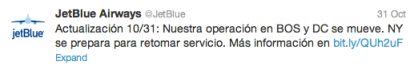 Jetblue Response to Hurricane Sandy on Twitter in Spanish