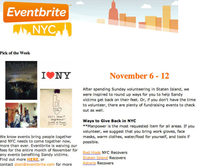 Eventbrite NYC Newsletter Hurricane Sandy Relief Events